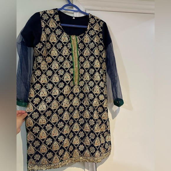 3 peice pakistani suit shaalwar kameez green and blue - Picture 2 of 7